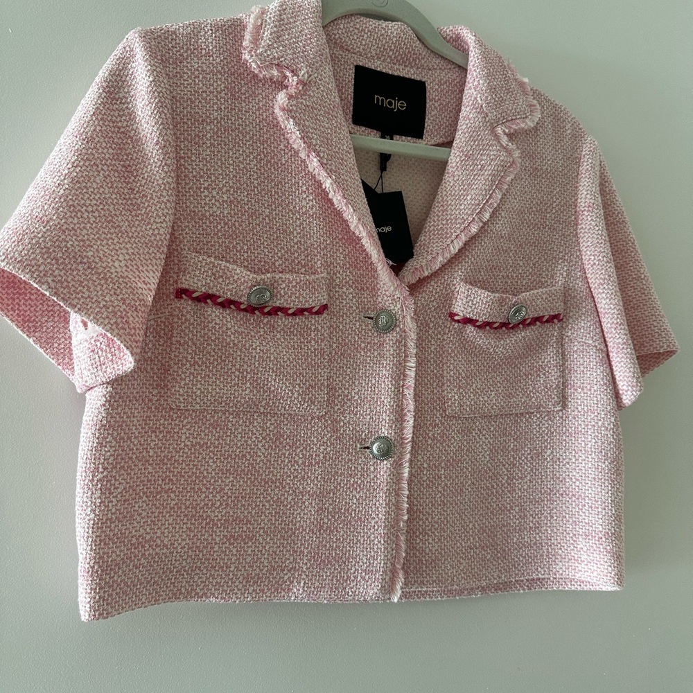 Maje Pink Crop Top with Notched Lapel and Textured Fabric